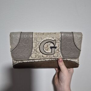 Gray and Brown Designer Clutch Guess
